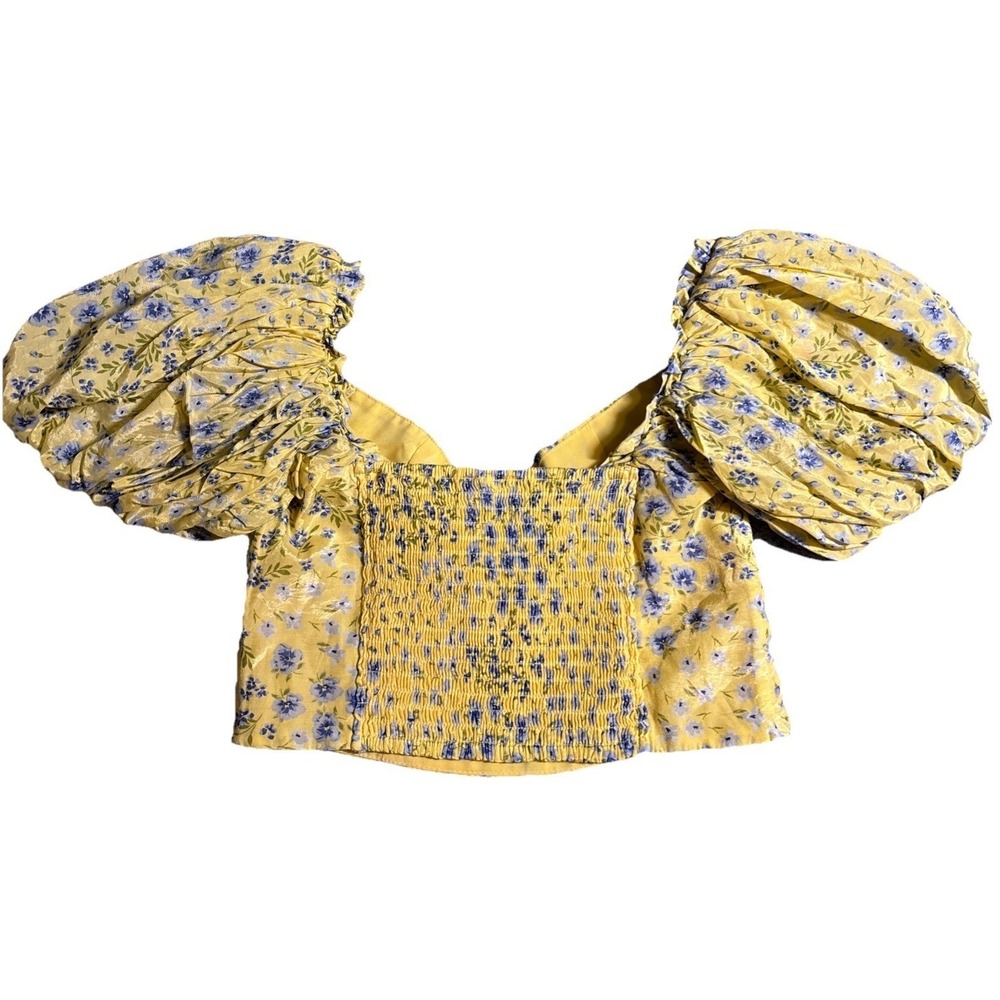 Abercrombie & Fitch Cottagecore Women's Crop Top Yellow Floral Puff Sleeve Sz XS - Picture 5 of 7